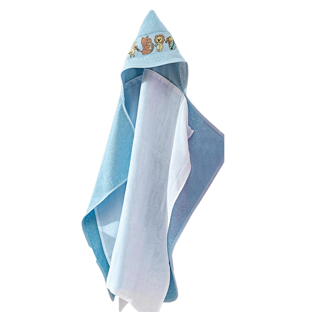 TOALHA BANHO FELPUDO PARA BORDAR BABY LOVE LISO COM CAPUZ E FRALDA - AZUL  BEBÊ