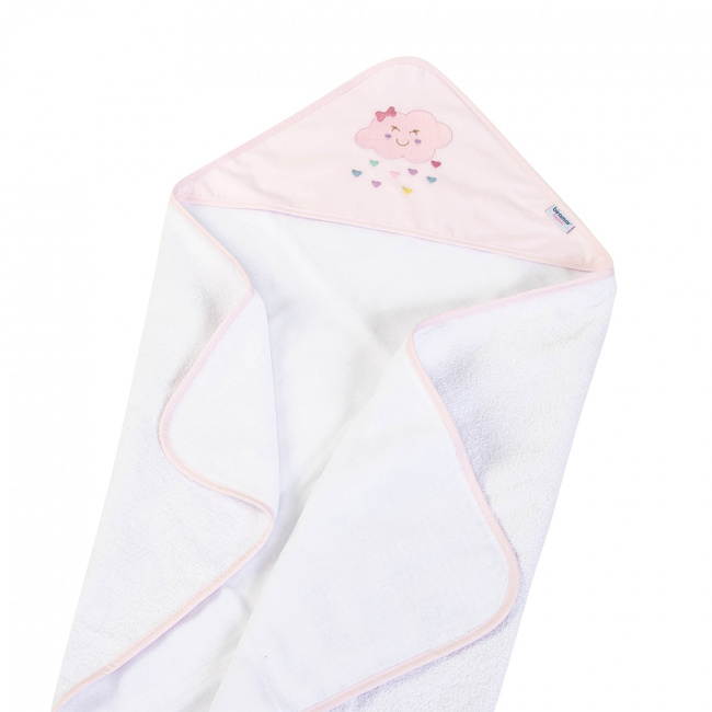 Toalha de Banho para Bebê Felpuda Revestida Bordada Viés Chuva de Amor Branco / Rosa