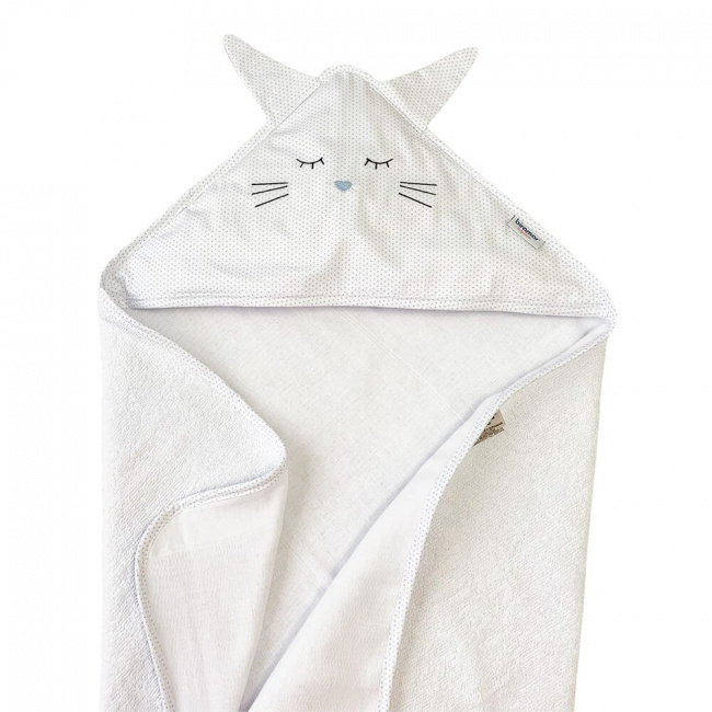 Toalha de Banho para Bebê Felpuda Revestida Bordada Viés - Gatinho Micro Poá Azul