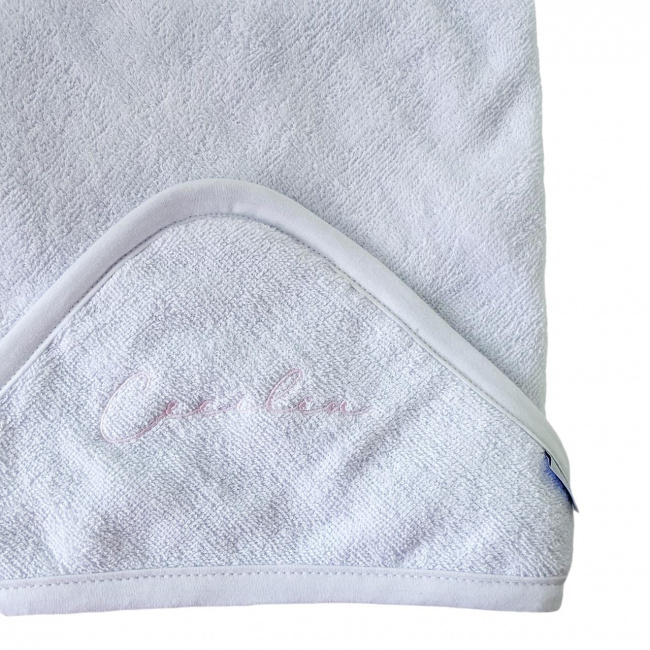 Toalha de Banho para Bebê Felpuda Revestida Fralda Viés Personalizada Benício Branco e Rosa