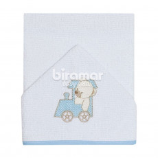 Toalha de Banho para Bebê Felpuda Revestida Lolli Ursinho Maquinista Listrado Azul