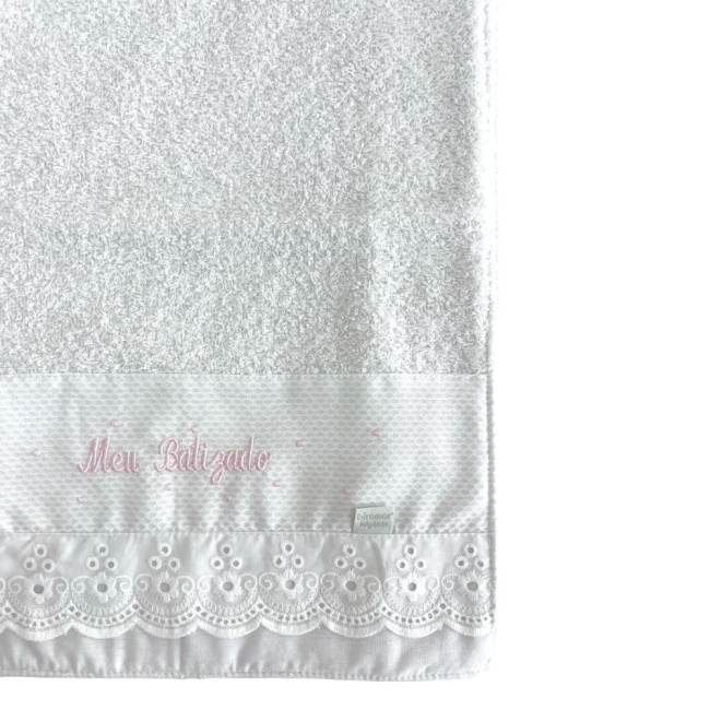 Toalhinha para Bebê Felpuda Meu Batizado Branco Rosa