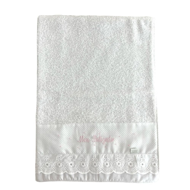 Toalhinha para Bebê Felpuda Meu Batizado Branco Rosa