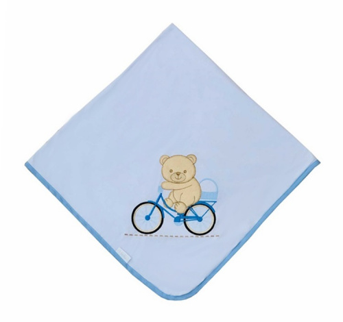Manta de Malha Branca Forrada 100% Algodão - Urso Bicicleta Azul