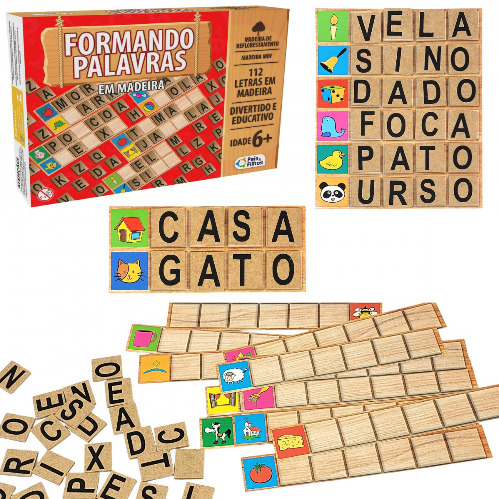 Jogo Formando Palavras Infantil Educativo Letras Alfabetização Em Madeira  Mdf Pais E Filhos : : Brinquedos e Jogos