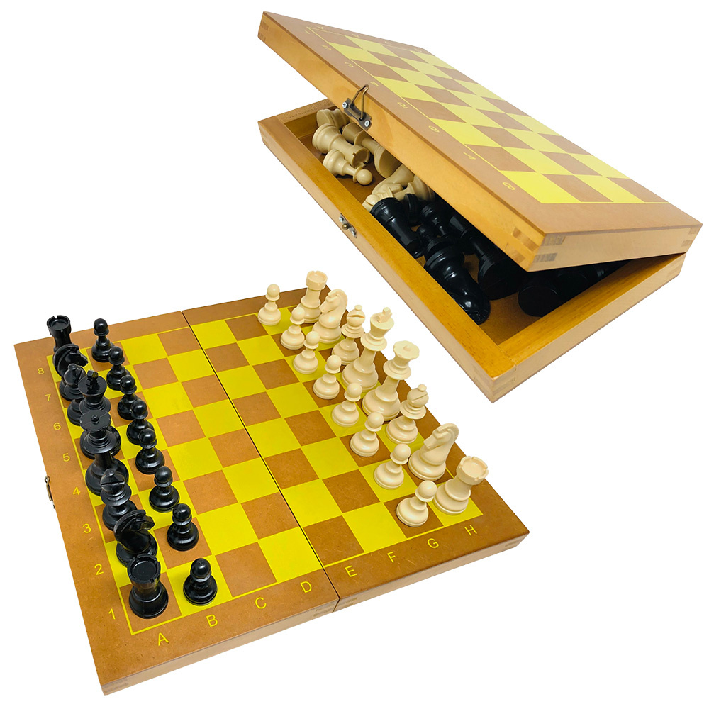 Jogo de Xadrez e Dama Caixa Tabuleiro de Madeira Dobrável 2 em 1