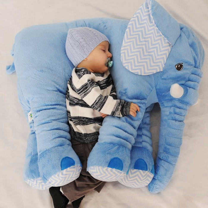 Almofada Travesseiro Elefante Bebê Pelúcia Azul Chevron 80cm