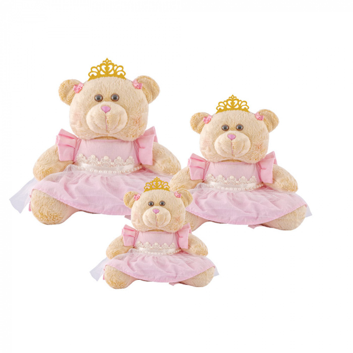 Trio de Ursas Princesas  Reais G, M , P Vestido Rosa
