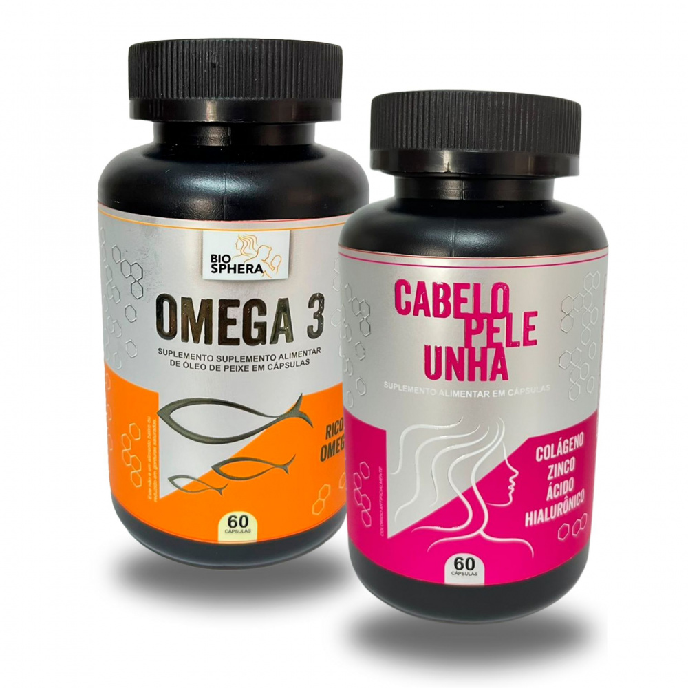 Kit Cabelo Pele Unha - 60 cápsulas + Ômega 3 - 60 cápsulas - BIOSPHERA ...