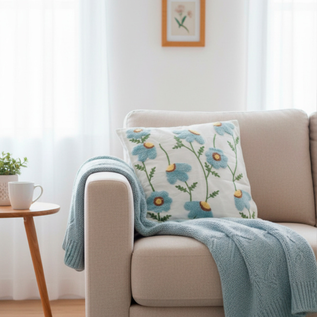 Almofada Bordada Alto Relevo Bloom 3D 45cm x 45cm 02 Peça - Miosotis