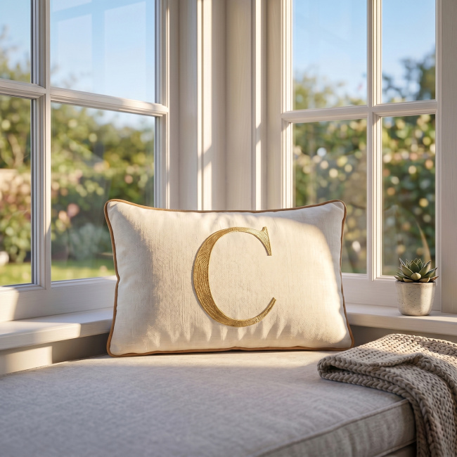 Almofada Bordada 50cm x 35cm 100% Algodão Alfabeto A / Z - Nude