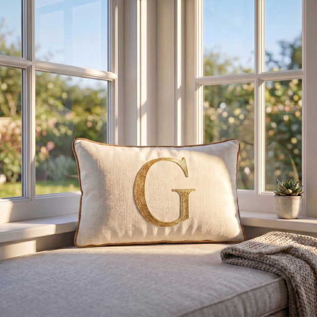 Almofada Bordada 50cm x 35cm 100% Algodão Alfabeto A / Z - Nude