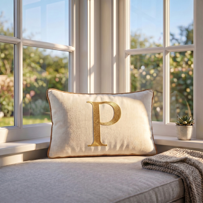 Almofada Bordada 50cm x 35cm 100% Algodão Alfabeto A / Z - Nude