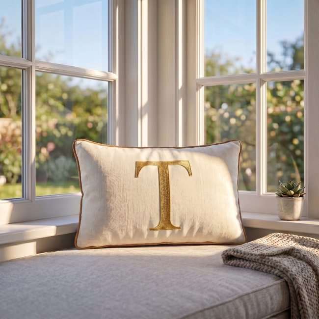 Almofada Bordada 50cm x 35cm 100% Algodão Alfabeto A / Z - Nude