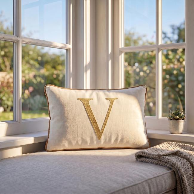 Almofada Bordada 50cm x 35cm 100% Algodão Alfabeto A / Z - Nude