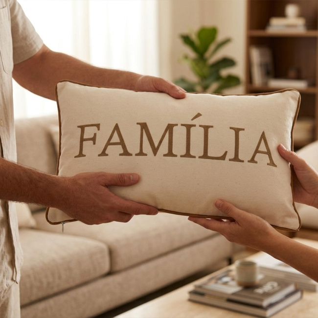 Almofada Bordada 50cm x 35cm 100% Algodão Alfabeto - Família
