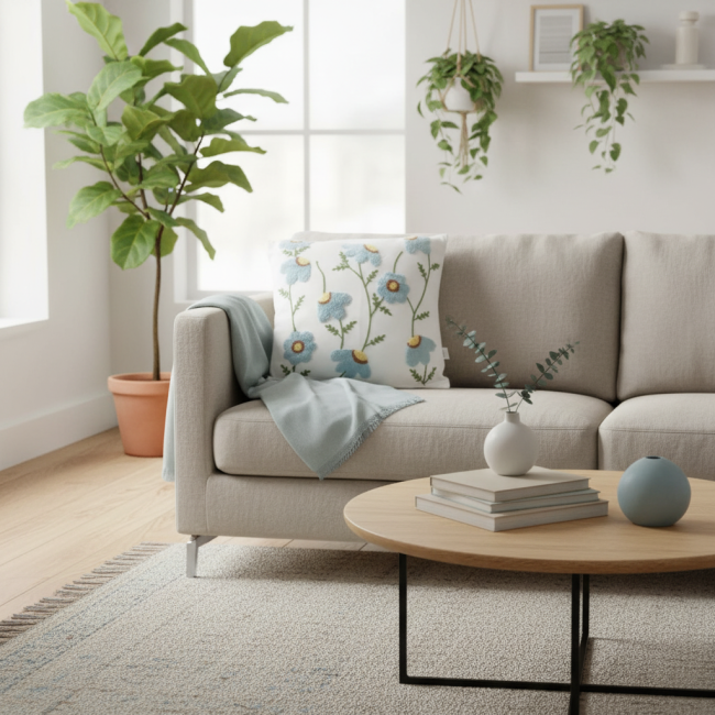 Almofada Bordada Alto Relevo Bloom 3D 45cm x 45cm 02 Peça - Miosotis