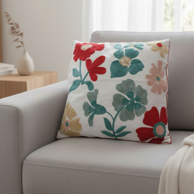 Almofada Bordada Alto Relevo Florelle 3D 45cm x 45cm 02 Peça - Gérbera