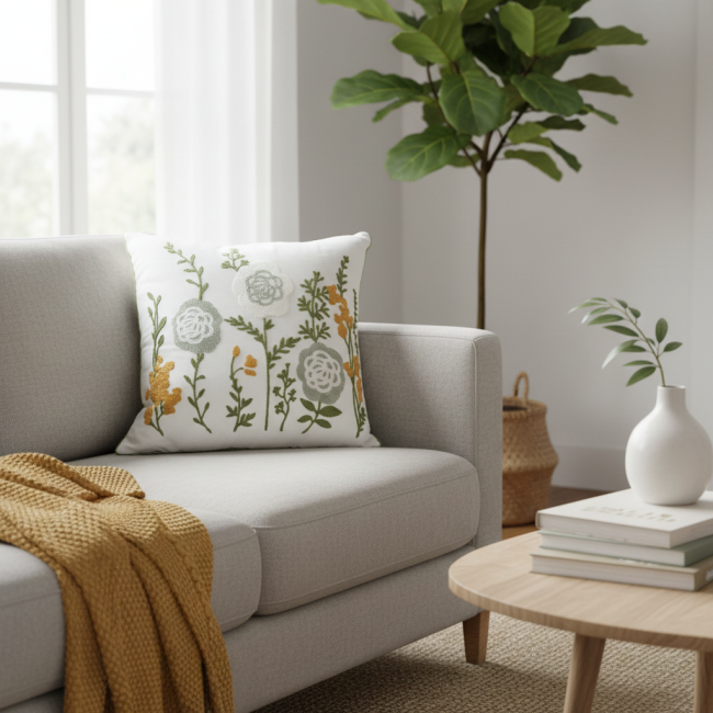 Almofada Bordada Alto Relevo Primavera 3D 45cm x 45cm 02 Peça - Dente de Leão