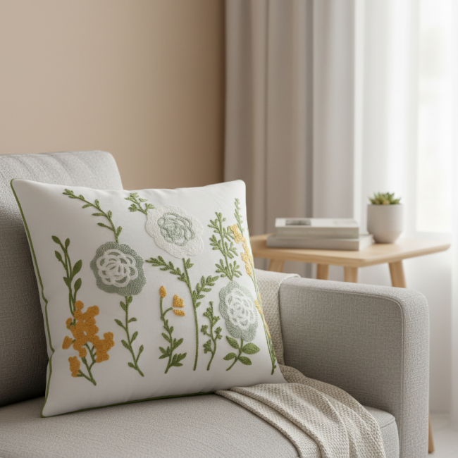 Almofada Bordada Alto Relevo Primavera 3D 45cm x 45cm 02 Peça - Dente de Leão