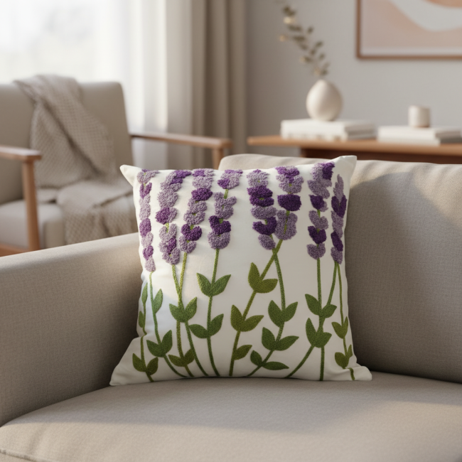 Almofada Bordada Alto Relevo Primavera 3D 45cm x 45cm 02 Peça - Lavanda