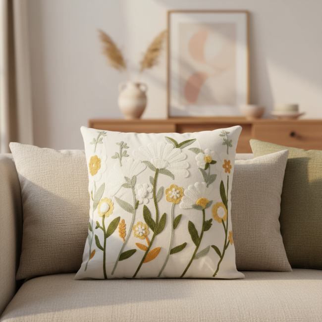 Almofada Bordada Alto Relevo Primavera 3D 45cm x 45cm 02 Peça - Margarida