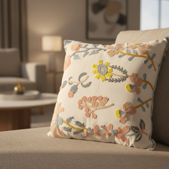 Almofada Bordada Alto Relevo Primavera 3D 45cm x 45cm 02 Peça - Penca