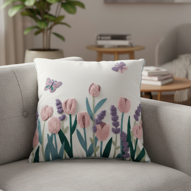 Almofada Bordada Alto Relevo Primavera 3D 45cm x 45cm 02 Peça - Tulipa