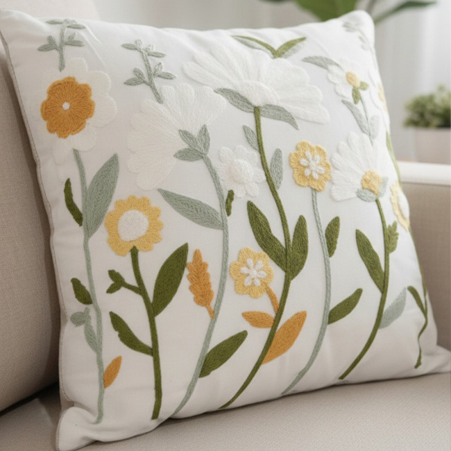 Almofada Bordada Alto Relevo Primavera 3D 45cm x 45cm 02 Peça - Margarida