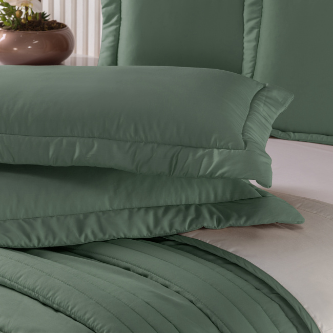 Cama Posta Edredom Olivie King 2,80m x 2,70m Dupla Face 400 Fios Egípcios 100% Algodão 10 Peças - Verde / Palha