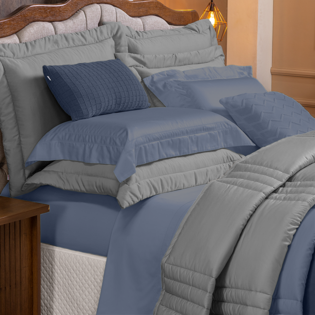Cama Posta Edredom Olivie Super King 3,15m x 2,70m Dupla Face 400 Fios 100% Algodão Egípcios 10 Peças - Azul / Concreto