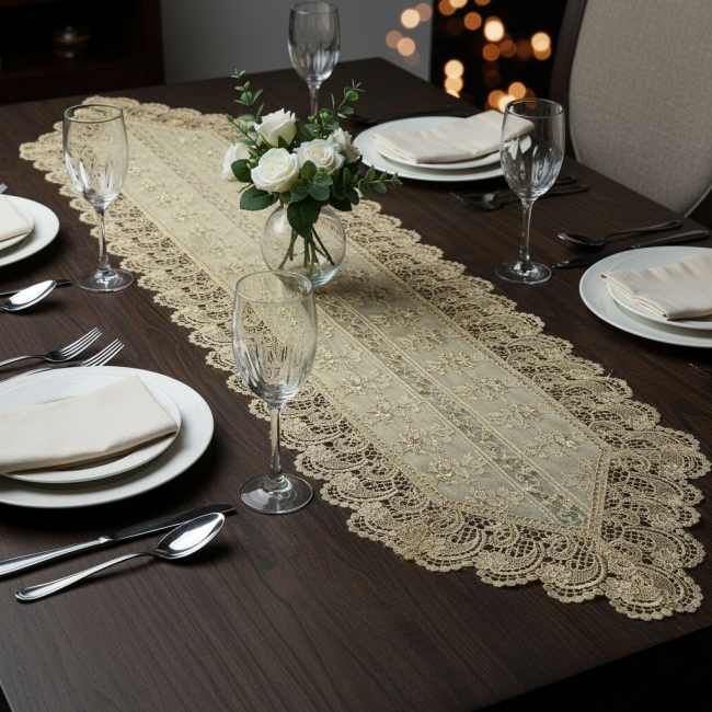 Caminho de Mesa Filigrana Floral 1,50m x 40cm 01 Peça - Ondas Ouro