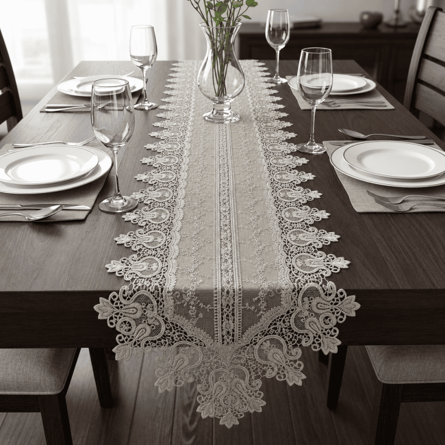 Caminho de Mesa Filigrana Floral 1,50m x 40cm 01 Peça - Semente Dourado