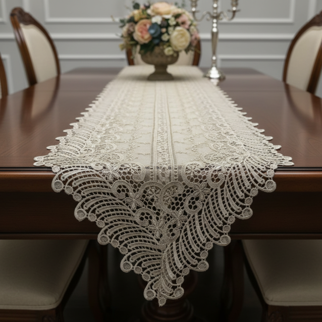 Caminho de Mesa Filigrana Floral 2,20m x 40cm 01 Peça - Leque Dourado