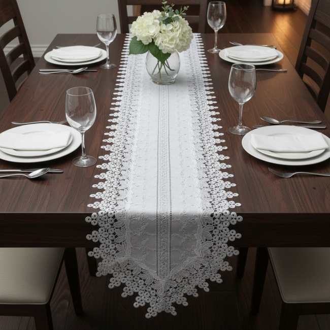 Caminho de Mesa Filigrana Floral 2,20m x 40cm 01 Peça - Perolas Branco