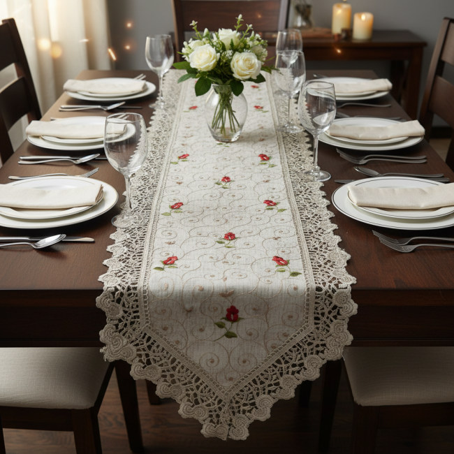 Caminho de Mesa Linho Roseto 40cm x 180cm 01 Peça - Botões com Dourados