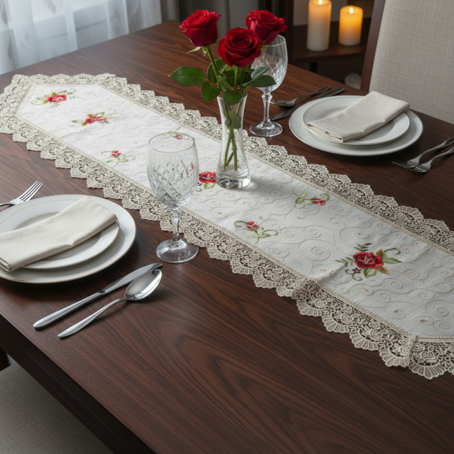 Caminho de Mesa Roseto 40cm x 150cm 01 Peça - Rosa com Dourado