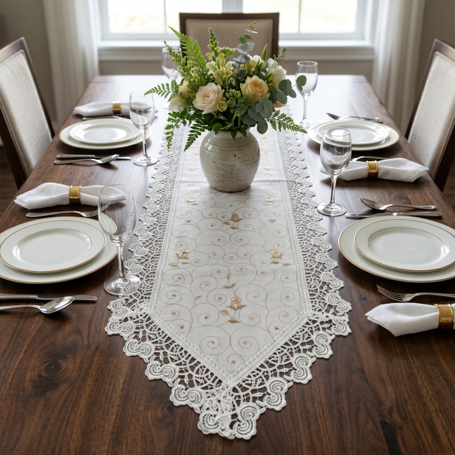 Caminho de Mesa Roseto 40cm x 220cm 01 Peça - Botões Dourados com Branco