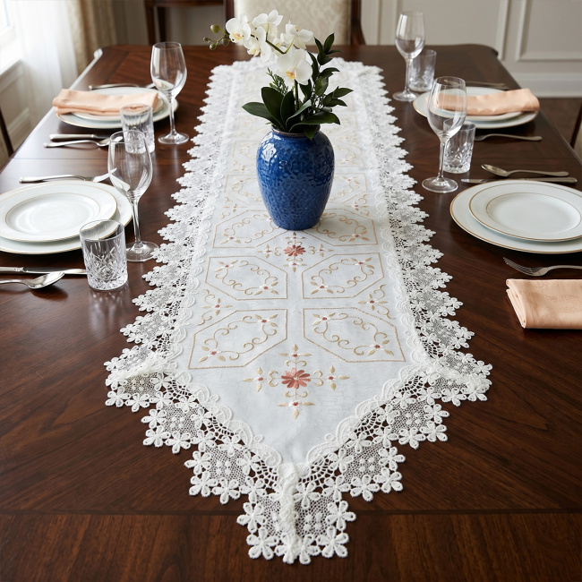 Caminho de Mesa Roseto 40cm x 220cm 01 Peça - Flor Bronze com Branco