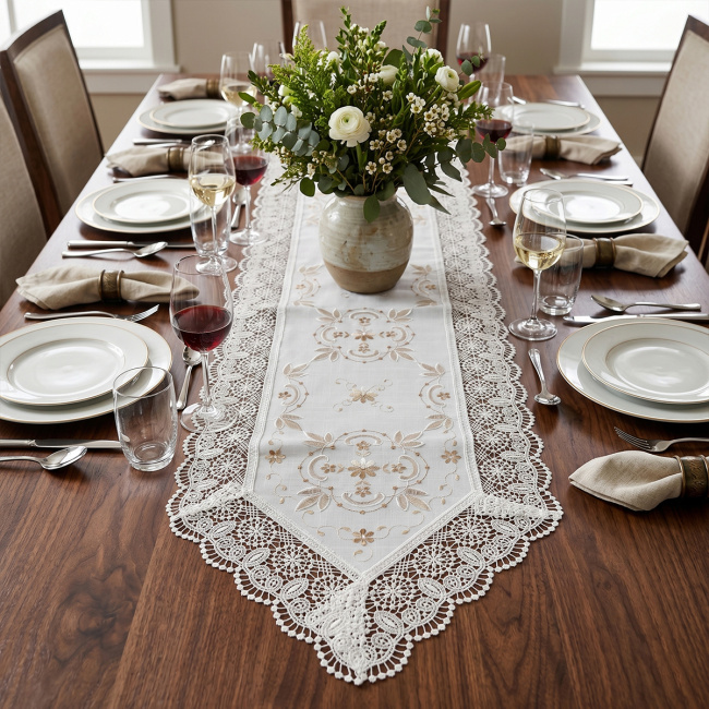 Caminho de Mesa Roseto 40cm x 220cm 01 Peça - Flor Dourada com Branco