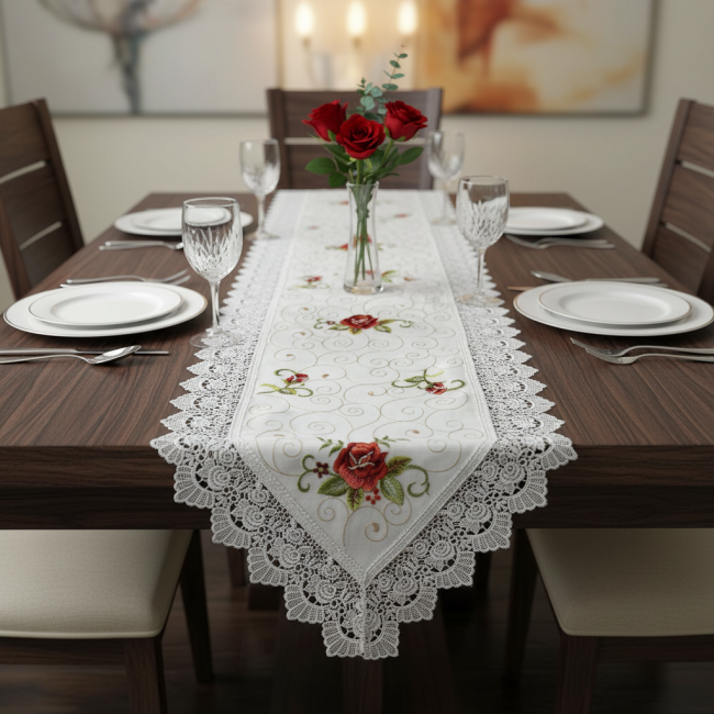 Caminho de Mesa Roseto 40cm x 220cm 01 Peça - Rosa com Branco