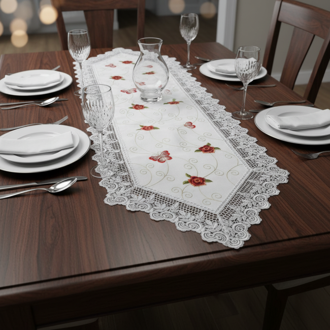 Caminho de Mesa Roseto 40cm x 220cm 01 Peça - Rosas e Borboletas