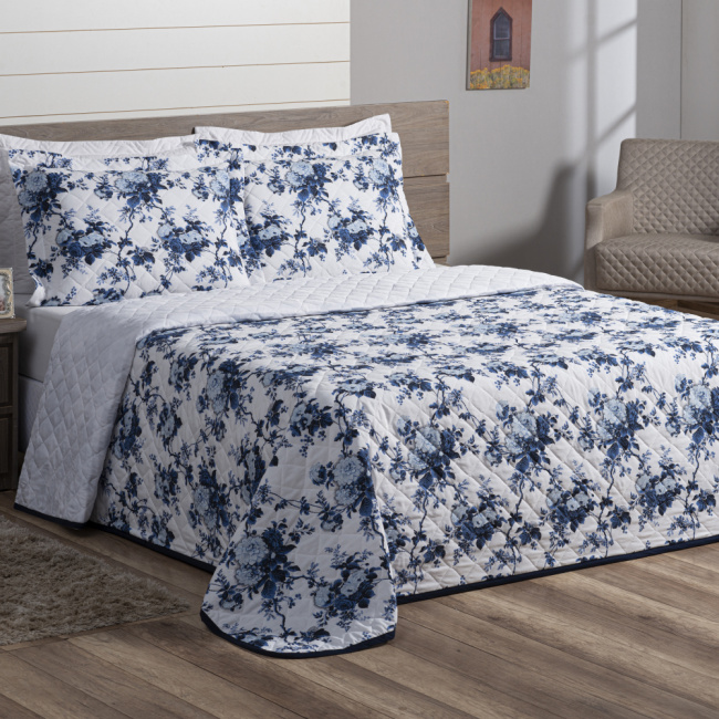 Cobre Leito Casal Fascinio 2,40m x 2,20m Algodão 03 Peças - Floral Azul