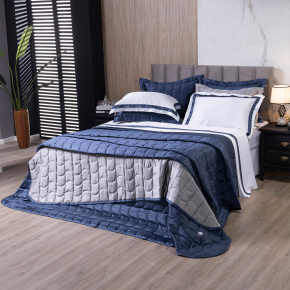 Cobre Leito Casal King Colcha Maelis 100% Fibra de Bambu Dupla Face 2,80m x 2,70m 03 Peças - Cinza / Azul