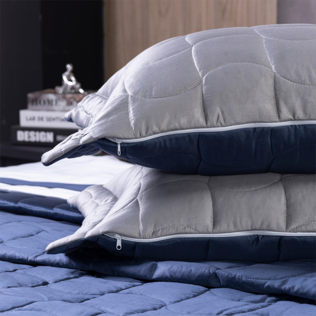 Cobre Leito Casal Queen Colcha Maelis 100% Fibra de Bambu Dupla Face 2,60m x 2,40m 03 Peças - Cinza / Azul