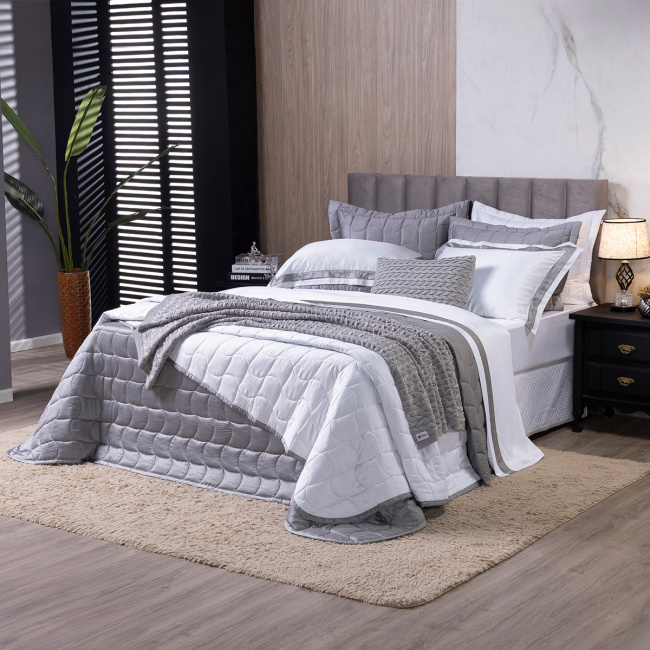 Cobre Leito Casal Super King Colcha Maelis 100% Fibra de Bambu Dupla Face 3,15m x 2,70m 03 Peças - Cinza / Branco