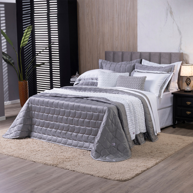 Cobre Leito Casal Super King Colcha Maelis 100% Fibra de Bambu Dupla Face 3,15m x 2,70m 03 Peças - Cinza / Branco