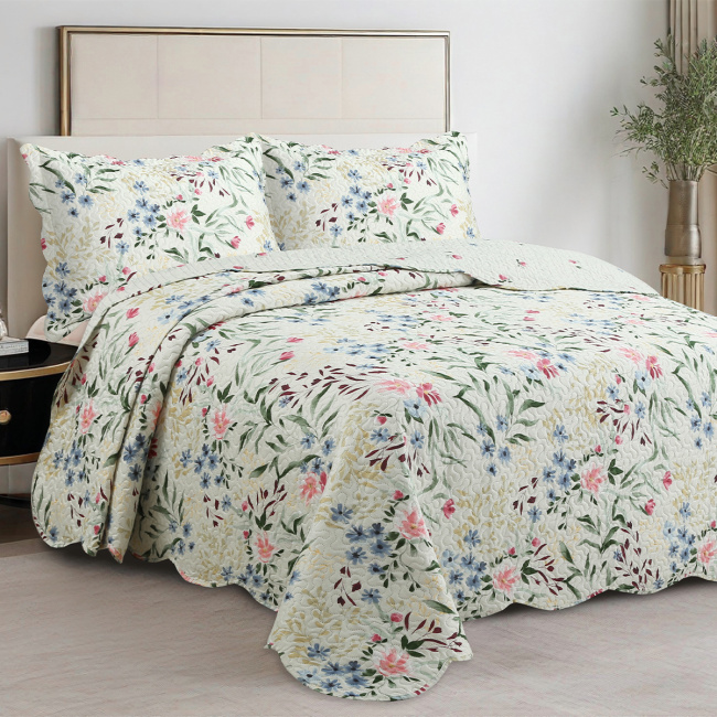 Cobre Leito Colcha Queen Botannia 2,60m x 2,40m 03 Peças - Celeste