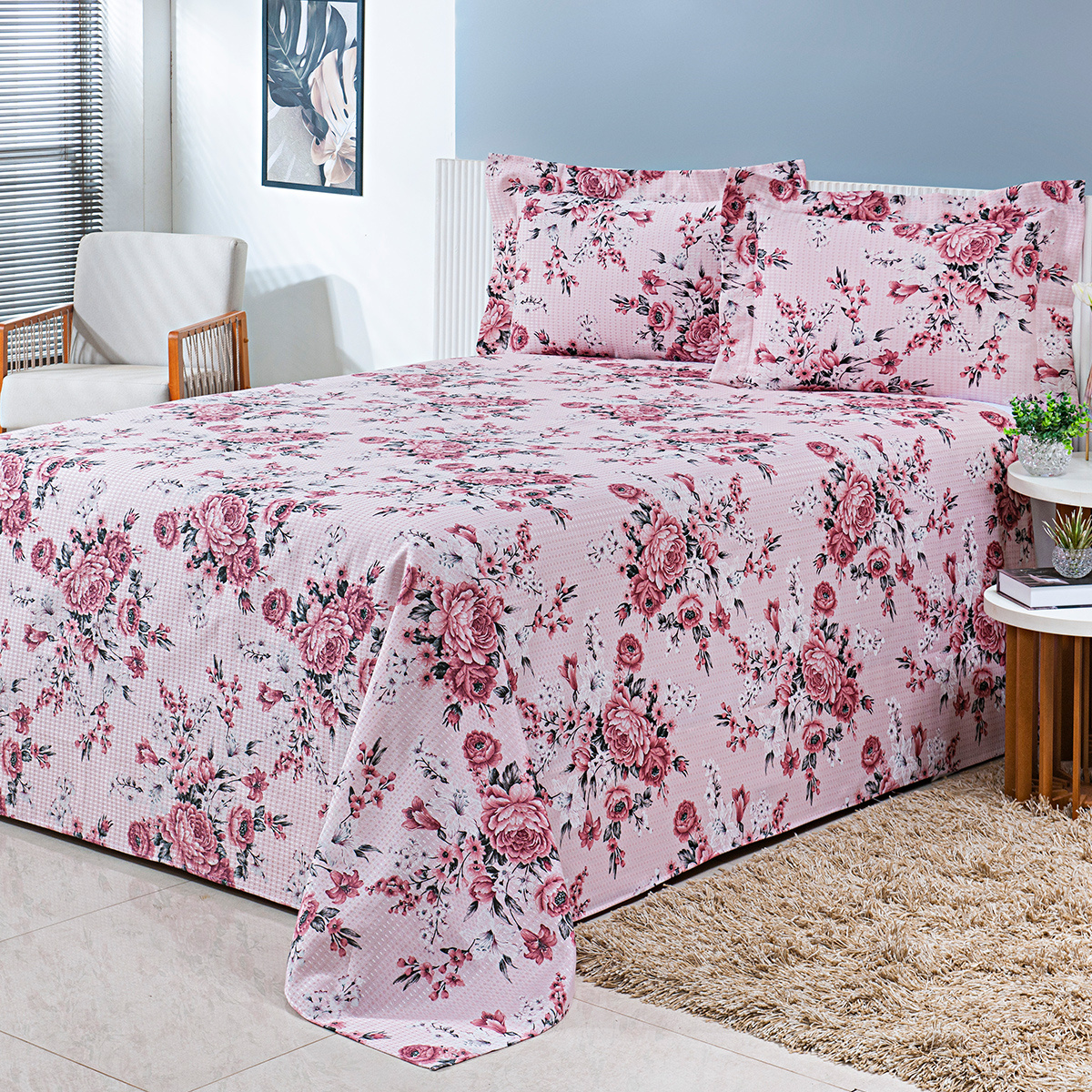 Cobre Leito King Piquet Tecido Algodão 2,80m x 2,40m 03 Peças - Floral ...