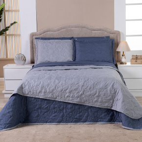 Cobre Leito King Suavit Percal Dupla Face 400 Fios Acetinado 03 Peças - Azul / Cinza